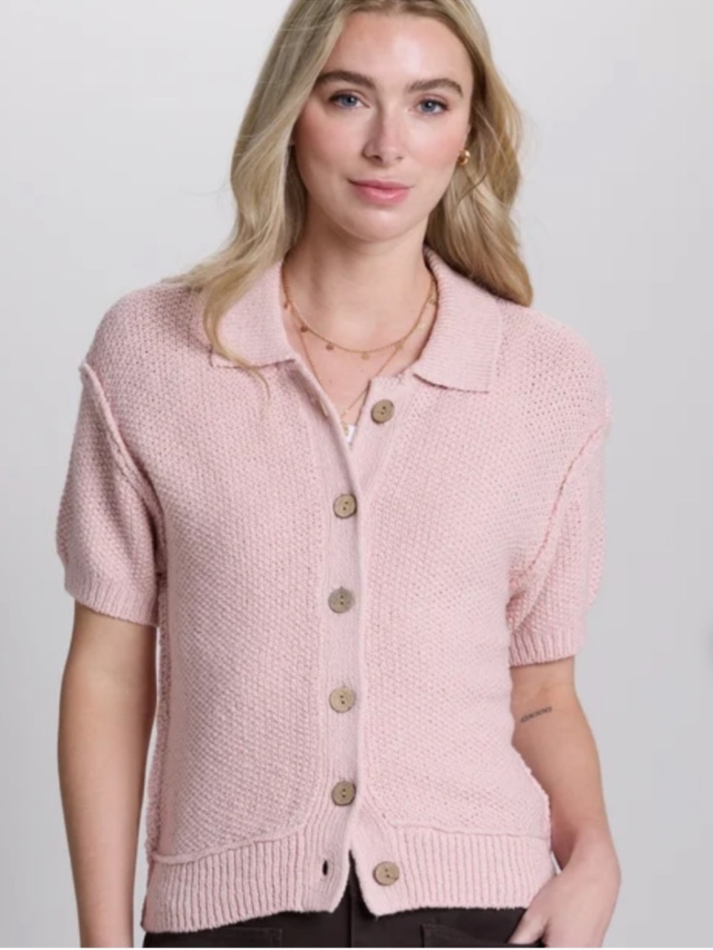 Supplies Mellow Rose Pink Kenzley Short Sleeve Collared Cotton Sweater Size M